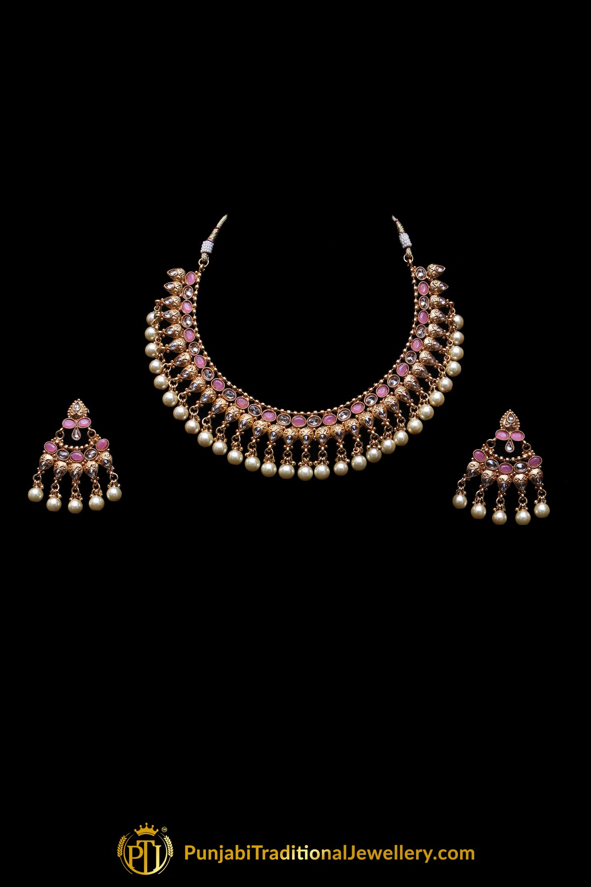 Pink White Pearl Polki Necklace Set By Punjabi Taditional Jewellery