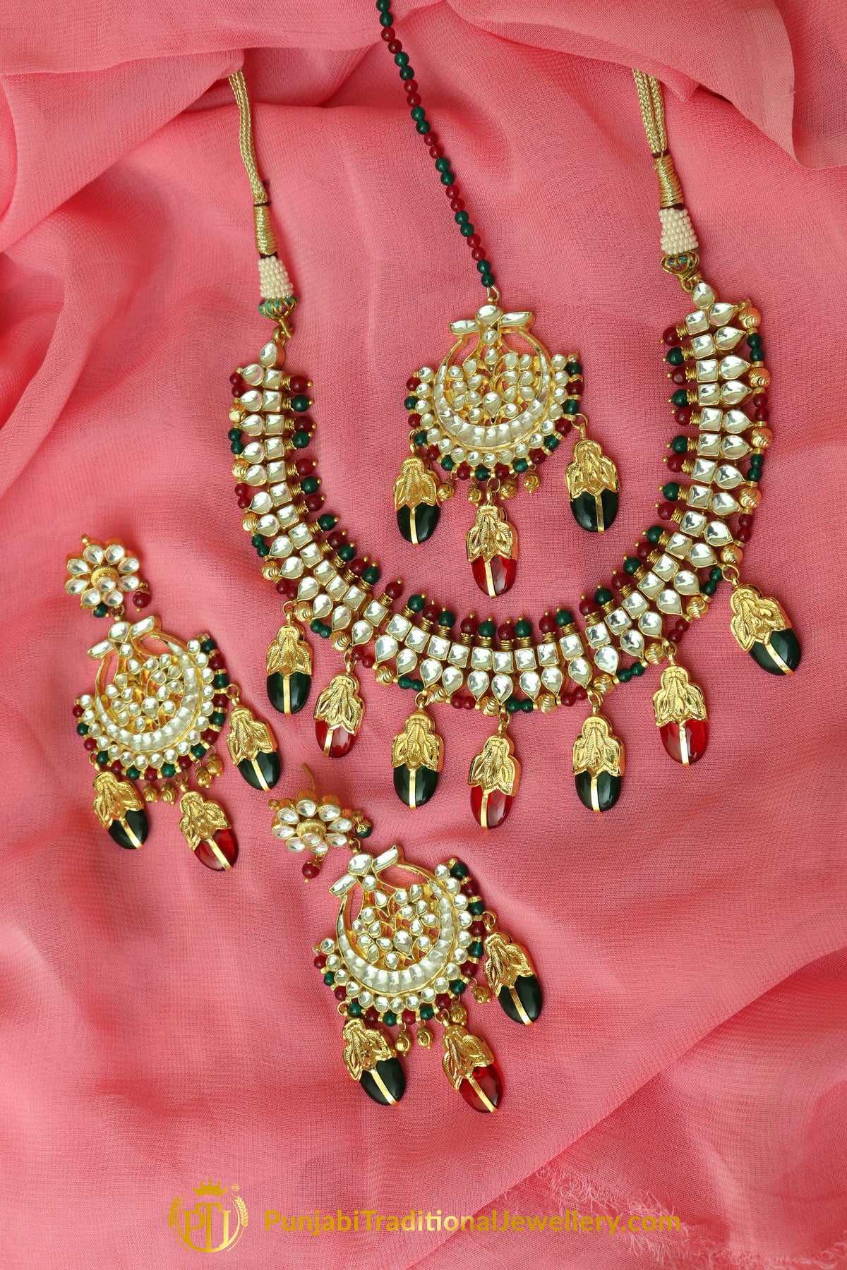 Ilhan Rubby Panna Kundan Necklace, Tikka & Earrings | Punjabi Giddha Jewellery | Punjabi Traditional Jewellery Exclusive