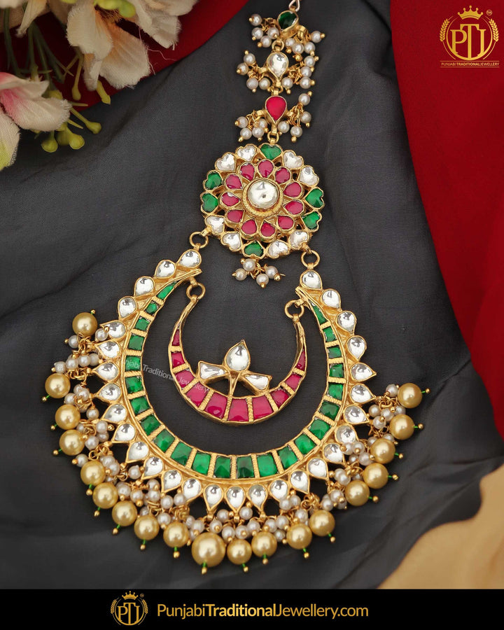 Gold Finished Kundan Green Red Pearl Tikka | Punjabi Traditional Jewellery Exclusive