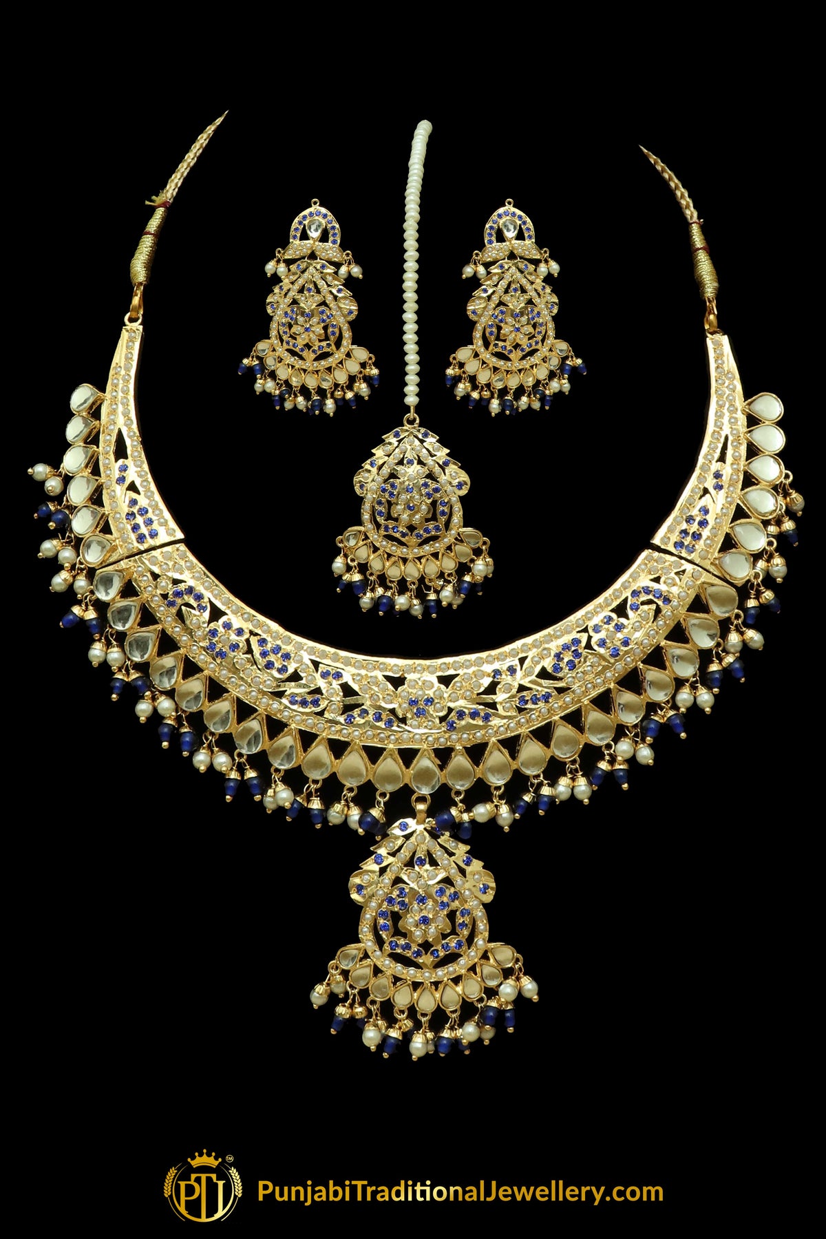 Blue Jadau Necklace Set By Punjabi Traditional Jewellery