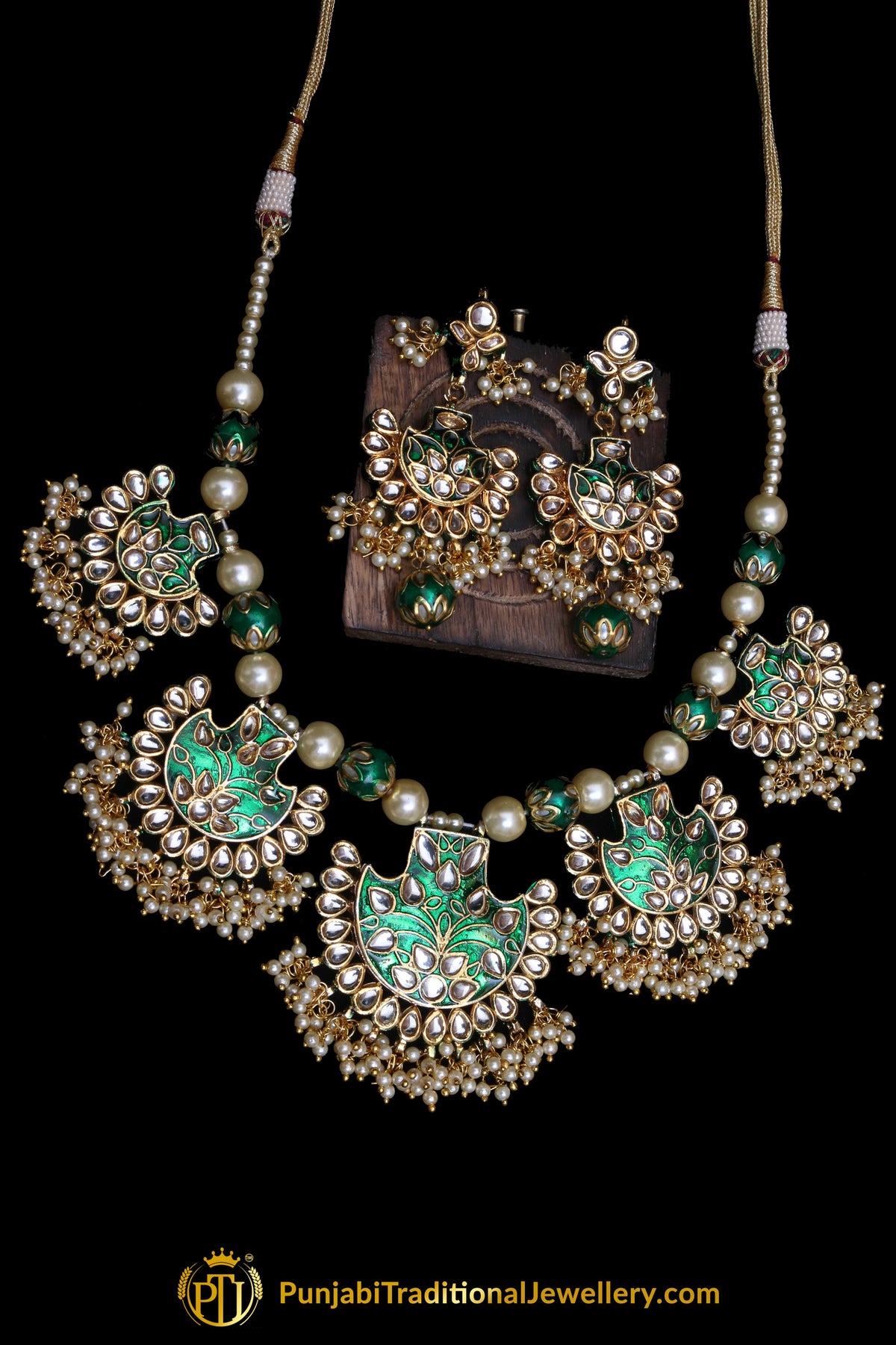 Green Kundan Mala Meena Necklace Set By Punjabi Traditional Jewellery