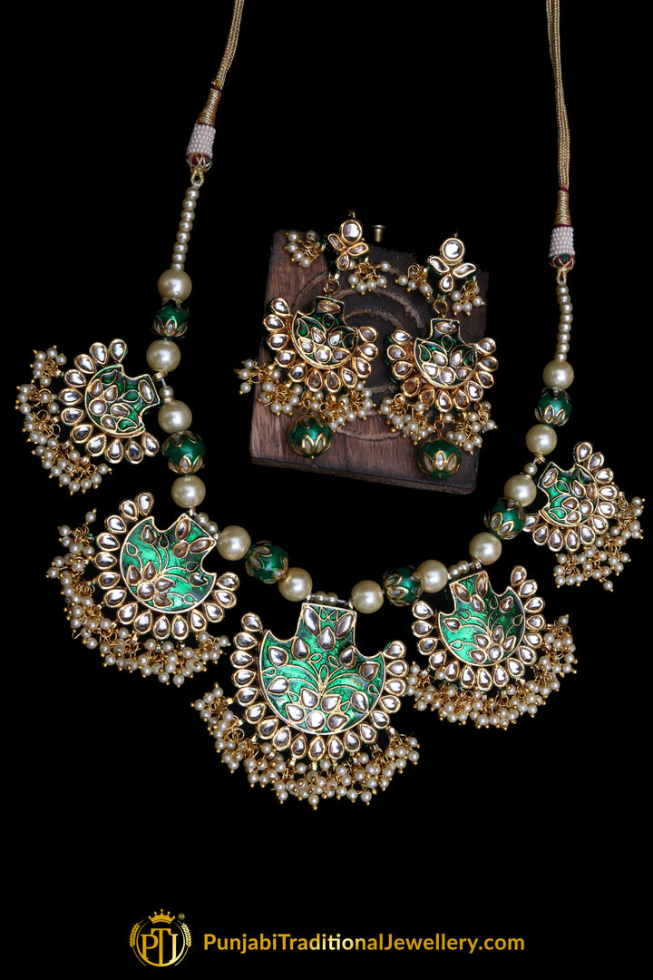 Green Kundan Mala Meena Necklace Set By Punjabi Traditional Jewellery