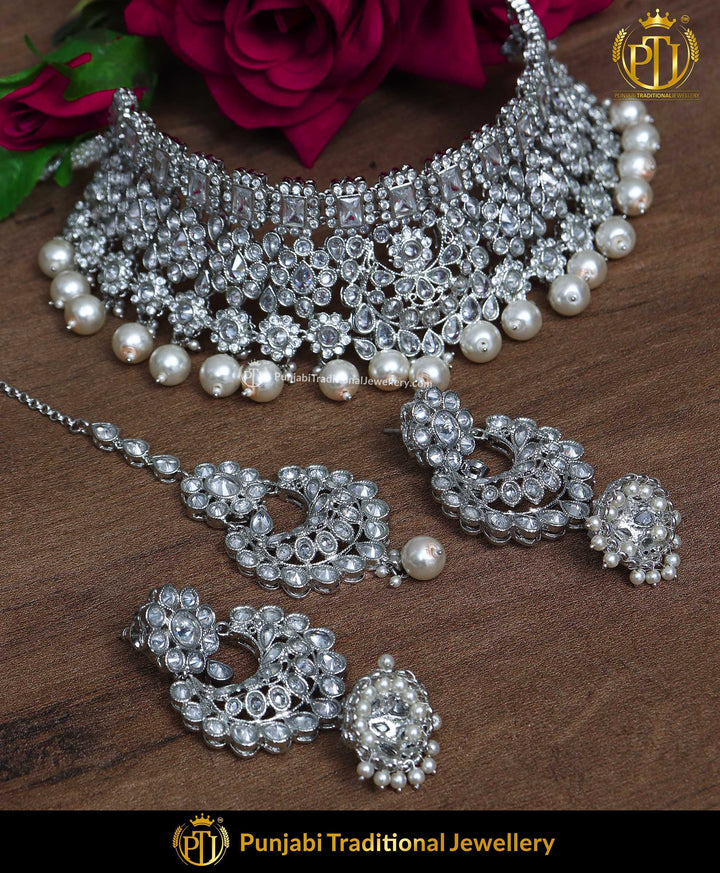 Silver Pearl Polki Choker Set & Earrings | Punjabi Traditional Jewellery Exclusive