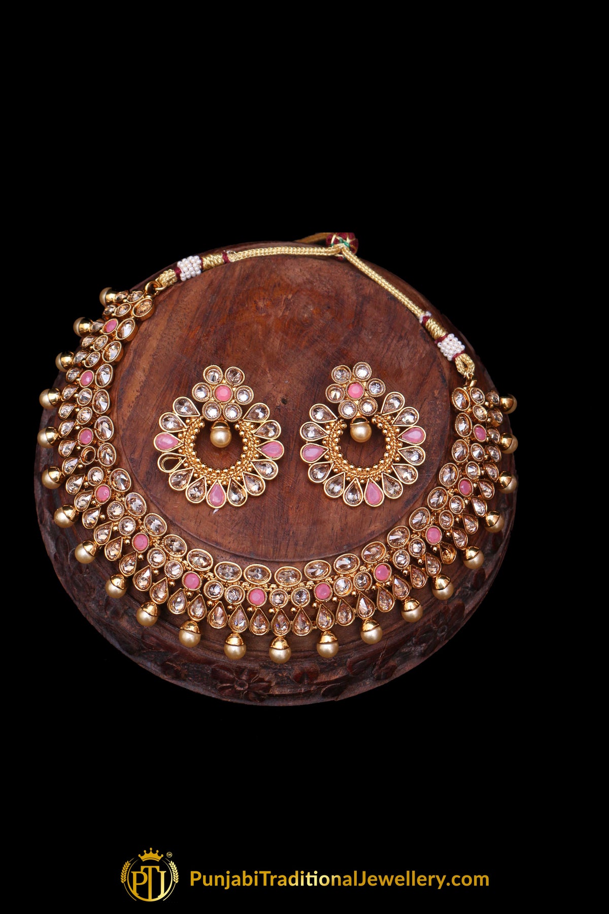 Pink Pearl Polki Antique Gold Necklace Set By Punjabi Taditional Jewellery