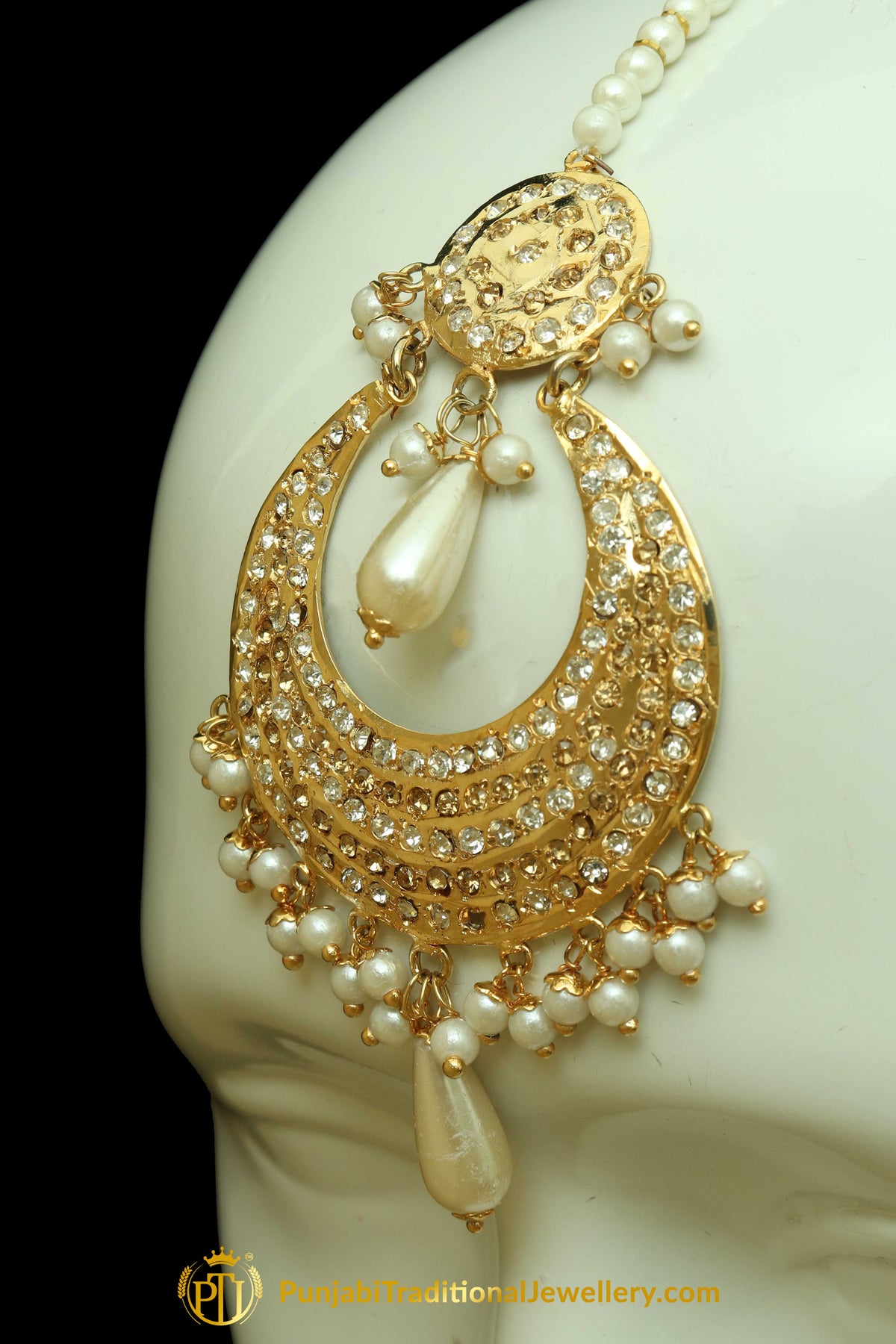 Golden Jadau Pearl Earring Tikka Set By Punjabi Traditional Jewellery