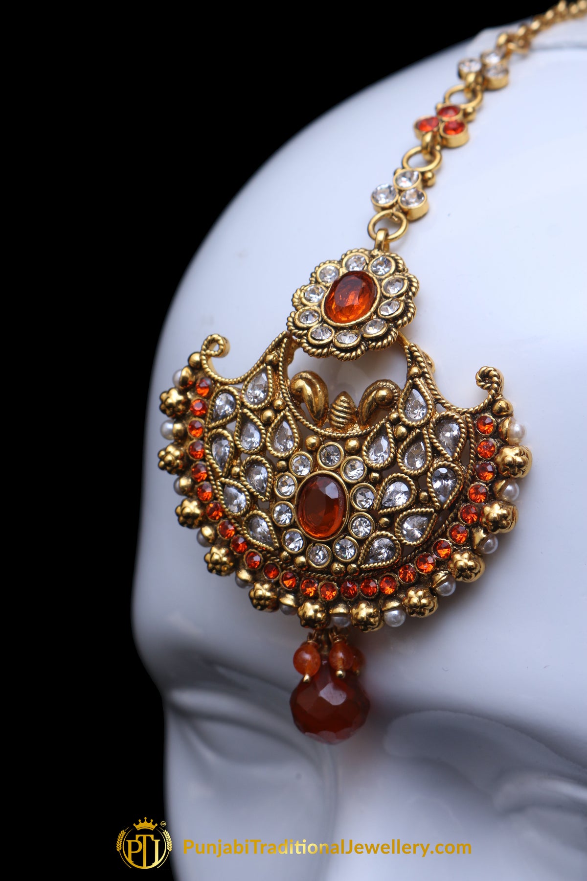 Orange Polki Earring Tikka Set By Punjabi Traditional Jewellery