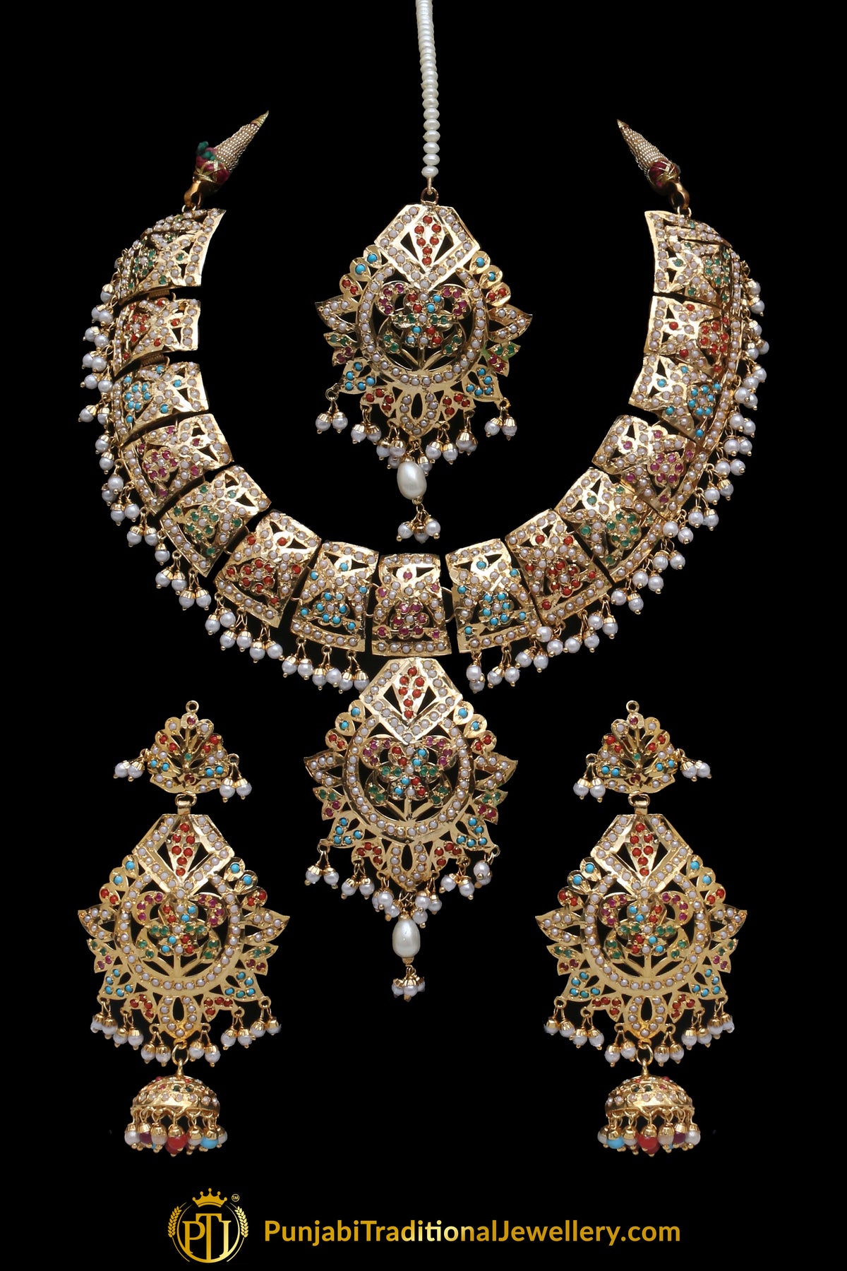 Multi Jadau Pearl Necklace Set By Punjabi Traditional Jewellery