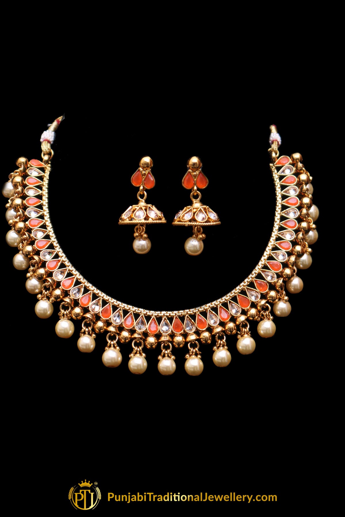 Orange Polki Pearl Necklace Set By Punjabi Taditional Jewellery