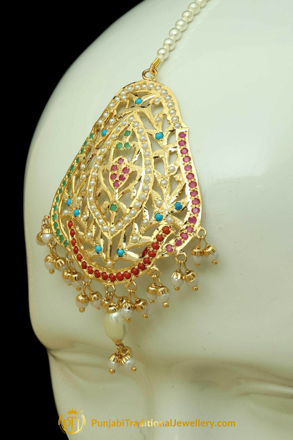 Multi Jadau Pearl Earring Tikka Set By Punjabi Traditional Jewellery
