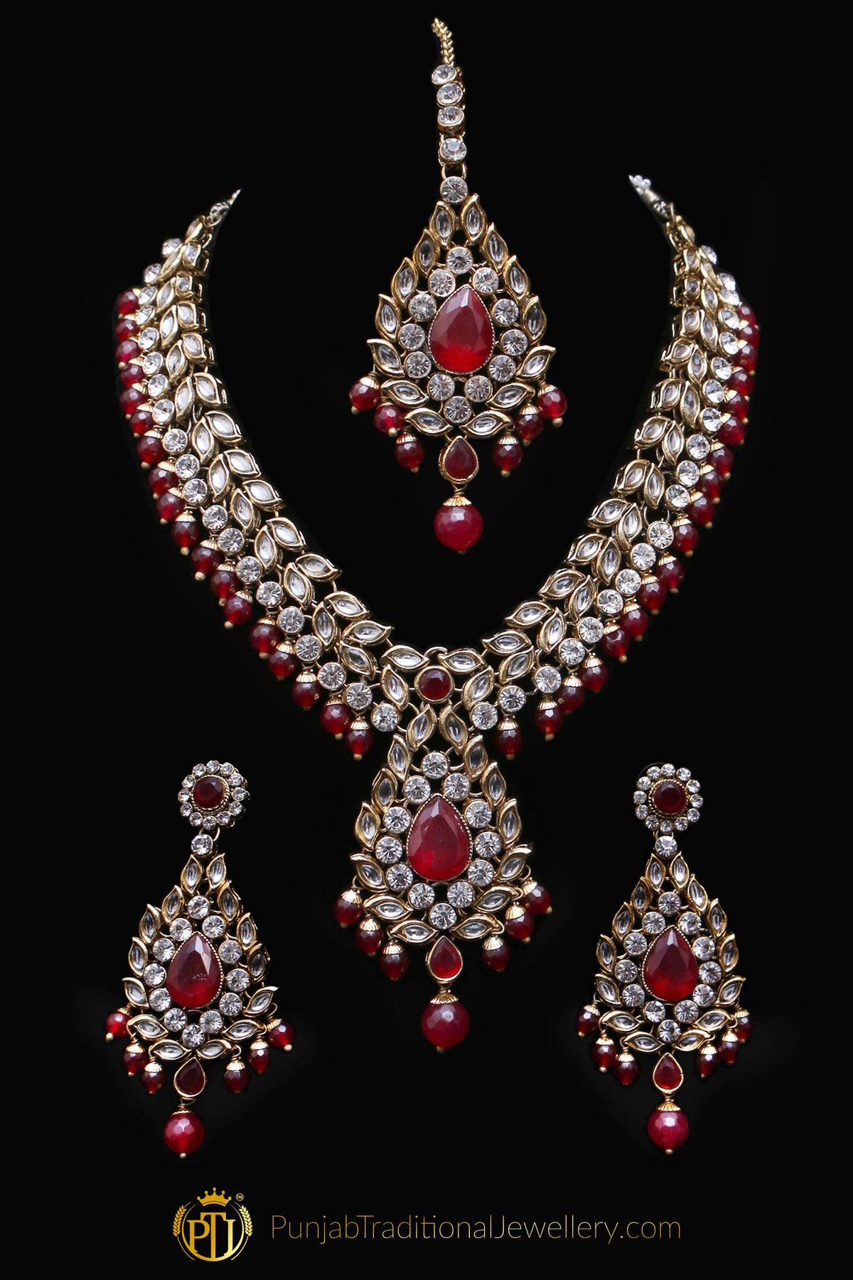 Red Kundan Necklace Set By Punjabi Traditional Jewellery
