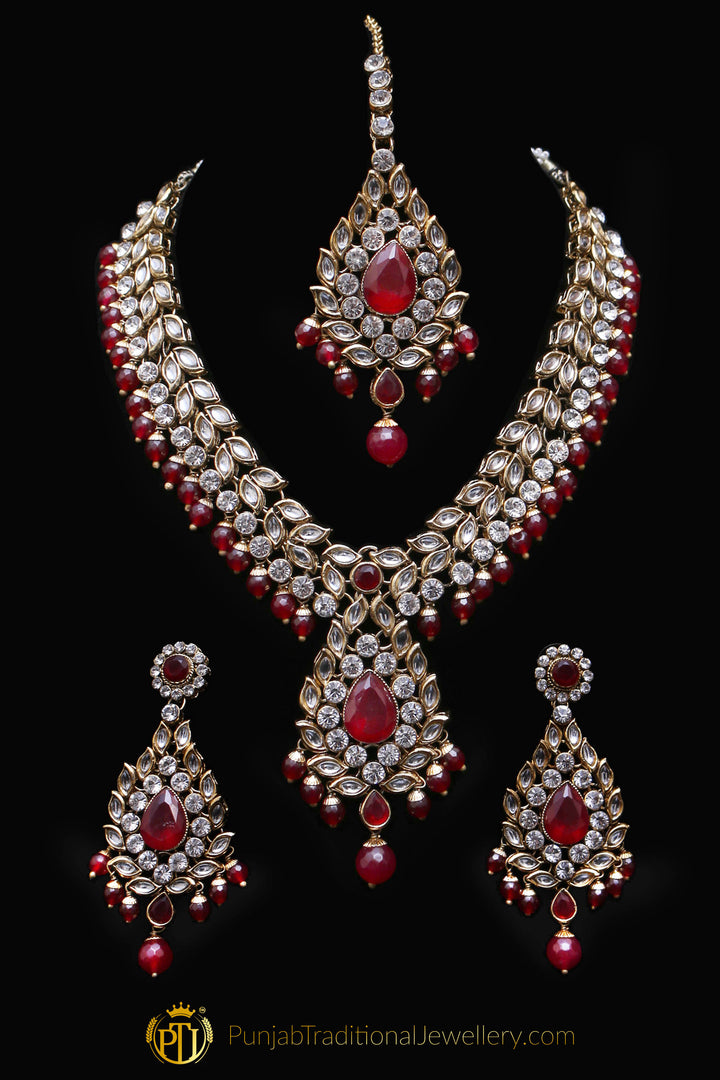 Red Kundan Necklace Set By Punjabi Traditional Jewellery