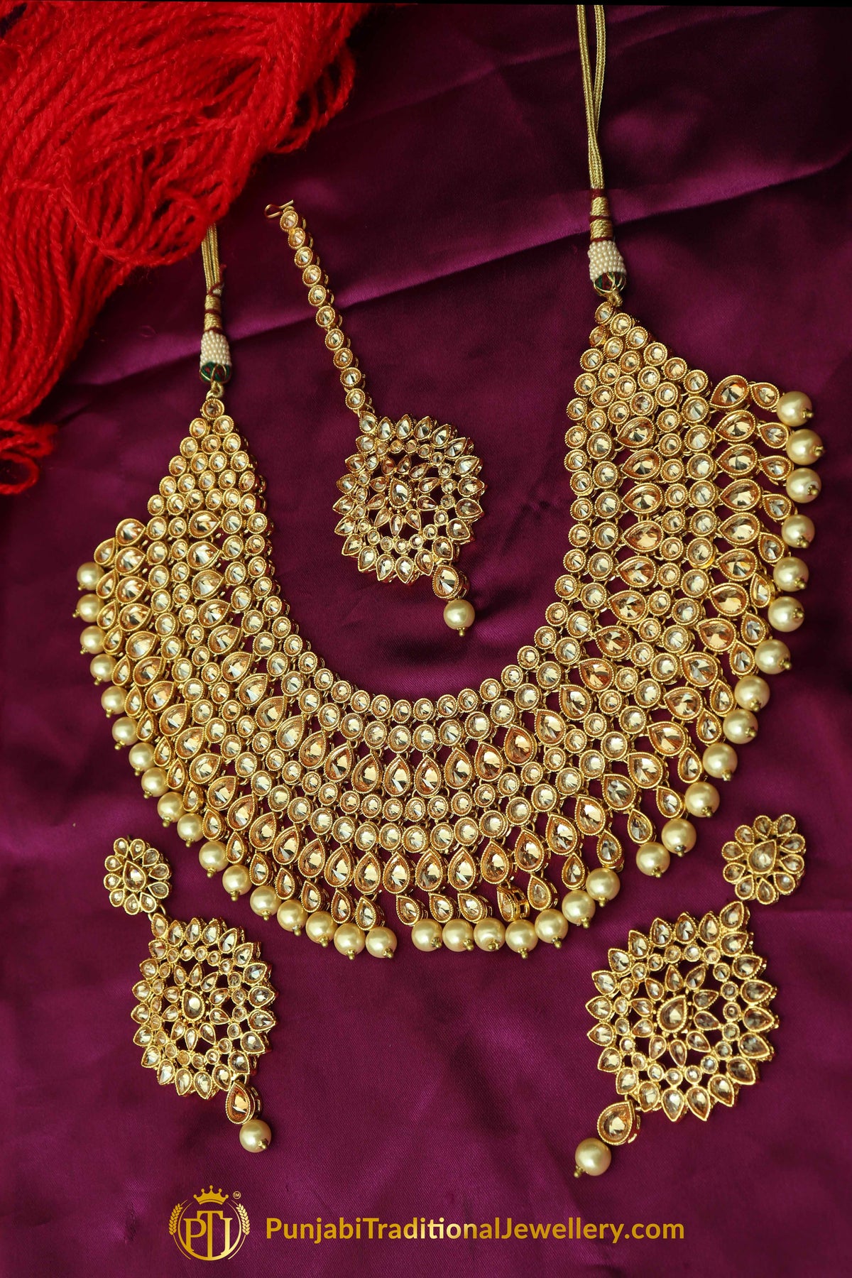 kluged Pearl Champagne Stone Necklace Set By Punjabi Taditional Jewellery