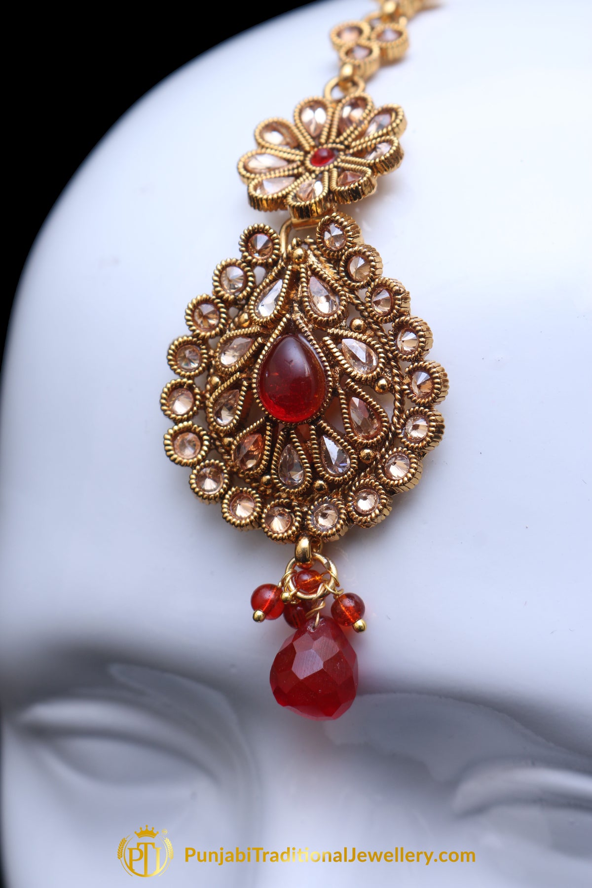 Red Champagne Stone Earring Tikka Set By Punjabi Traditional Jewellery