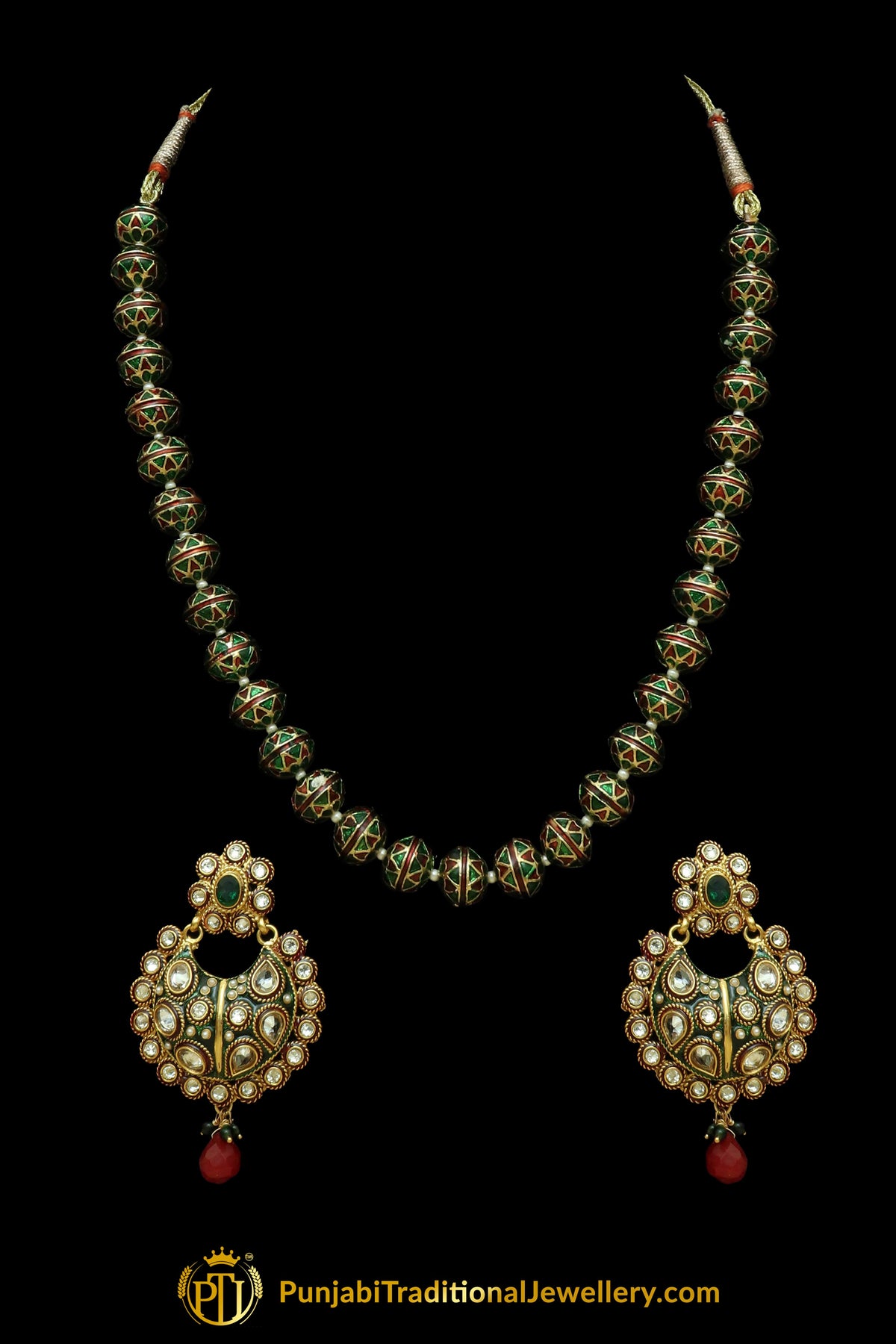 Red & Green Jodha Mala Necklace Set By Punjabi Traditional Jewellery