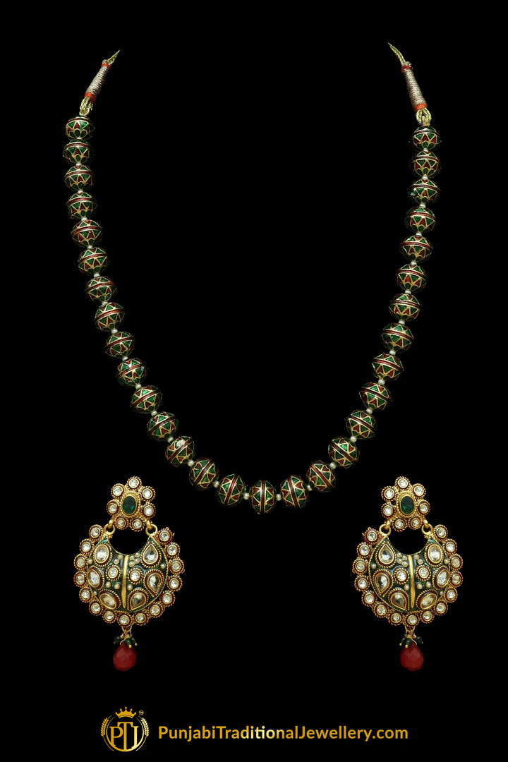 Red & Green Jodha Mala Necklace Set By Punjabi Traditional Jewellery