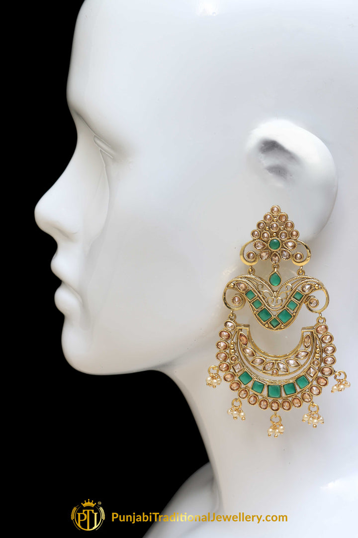 Green Champagne Stone Earrings By Punjabi Traditional Jewellery
