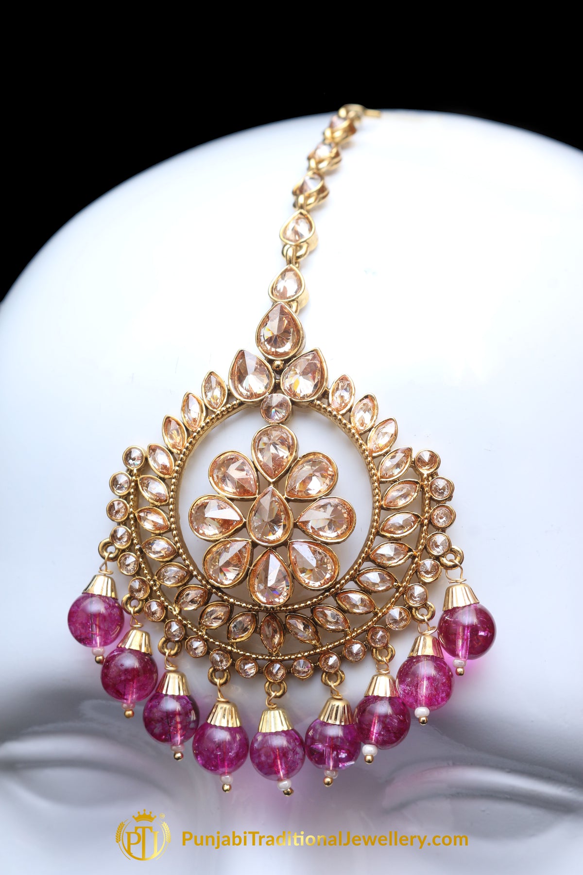Pink Champagne Stone Earring Tikka Set By Punjabi Traditional Jewellery