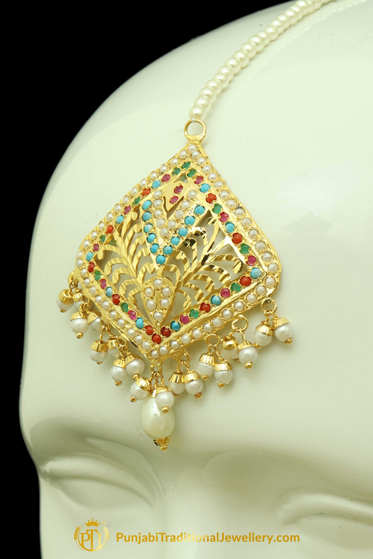 Gold Finished Navratan Jadau Earring Tikka Set By Punjabi Traditional Jewellery