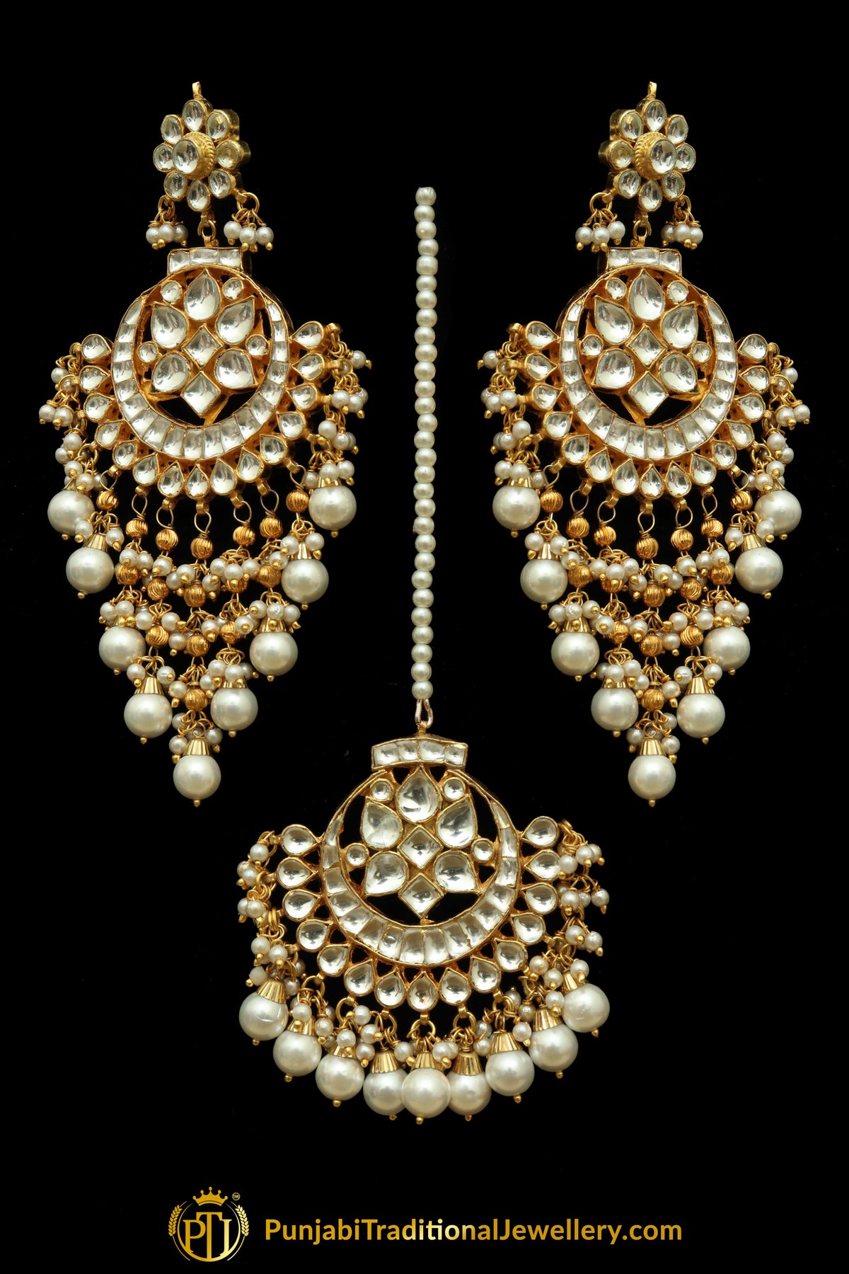 Banujah Kundan Pearl Earring Tikka Set | Punjabi Traditional Jewellery