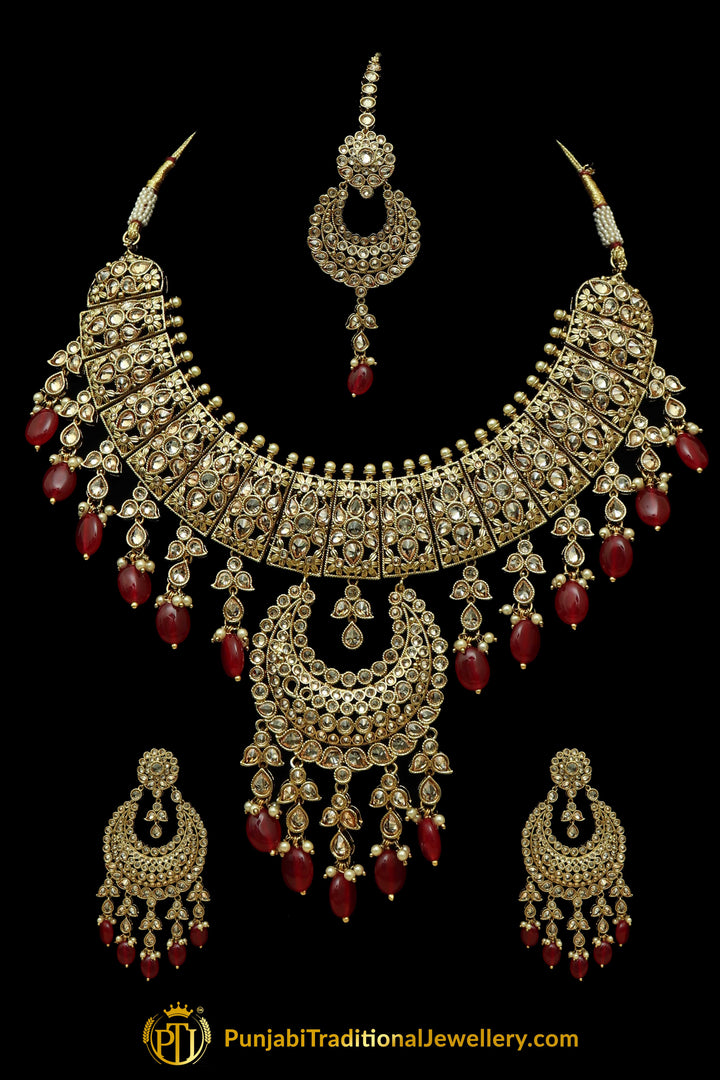 Red Polki Champagne Stone Necklace Set By Punjabi Taditional Jewellery