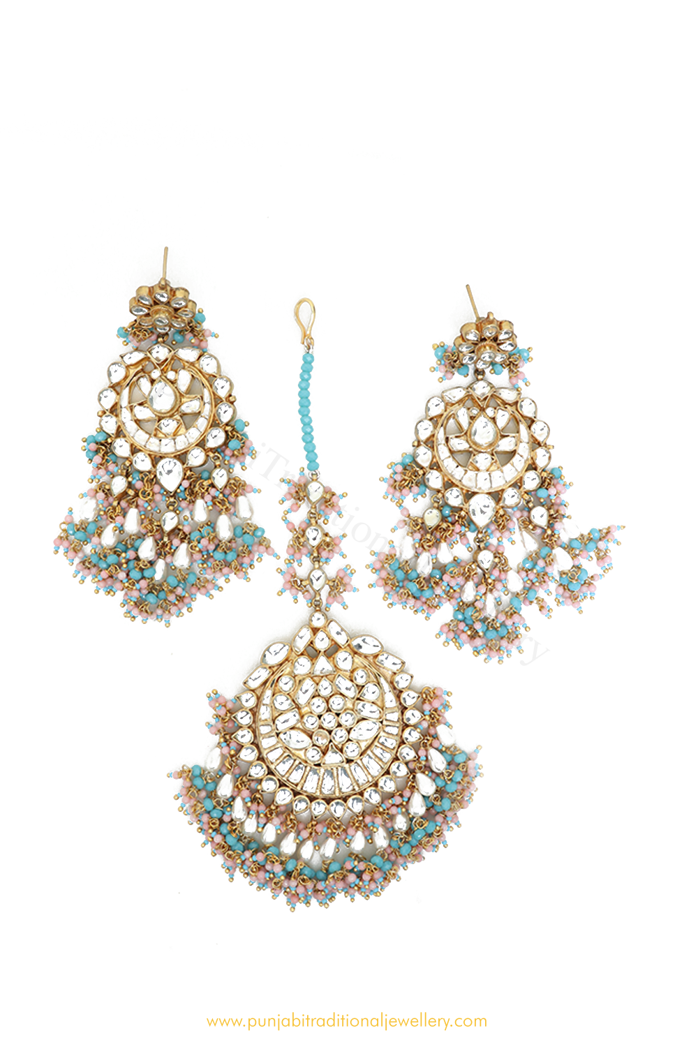 Gold Finished Pink & Firoza Kundan Earring Tikka Set By PTJ