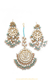 Gold Finished Pink & Firoza Kundan Earring Tikka Set By PTJ