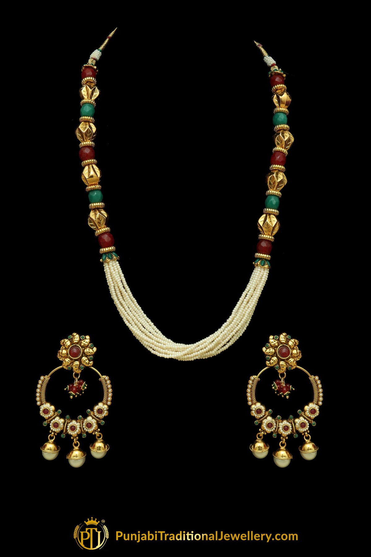 Rubby Panna Pearl Jodha Mala Necklace Set By Punjabi Traditional Jewellery