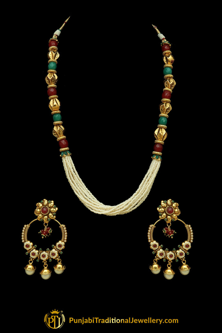 Rubby Panna Pearl Jodha Mala Necklace Set By Punjabi Traditional Jewellery