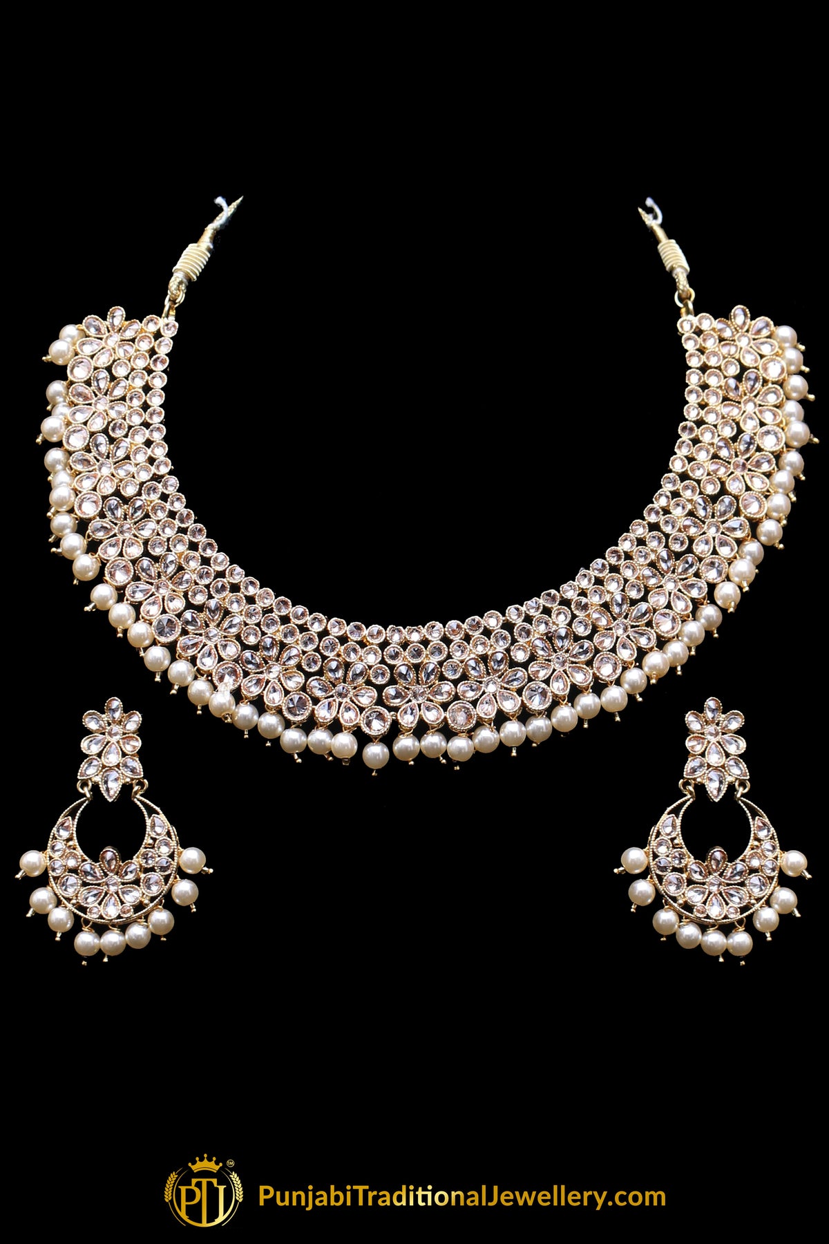 Golden Polki Pearl Necklace Set By Punjabi Traditional Jewellery