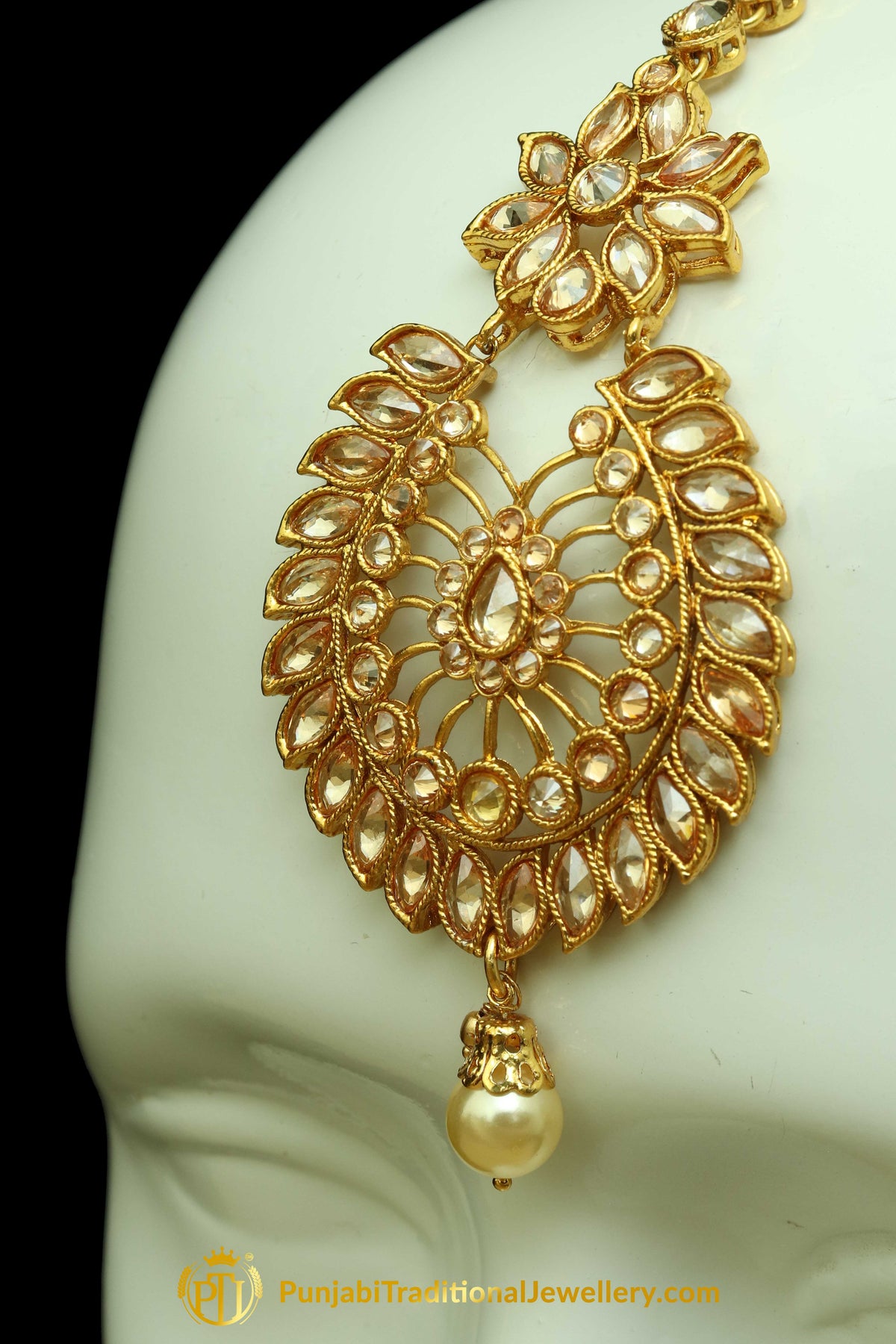 Polki Pearl Earrings Tikka Set By Punjabi Traditional Jewellery