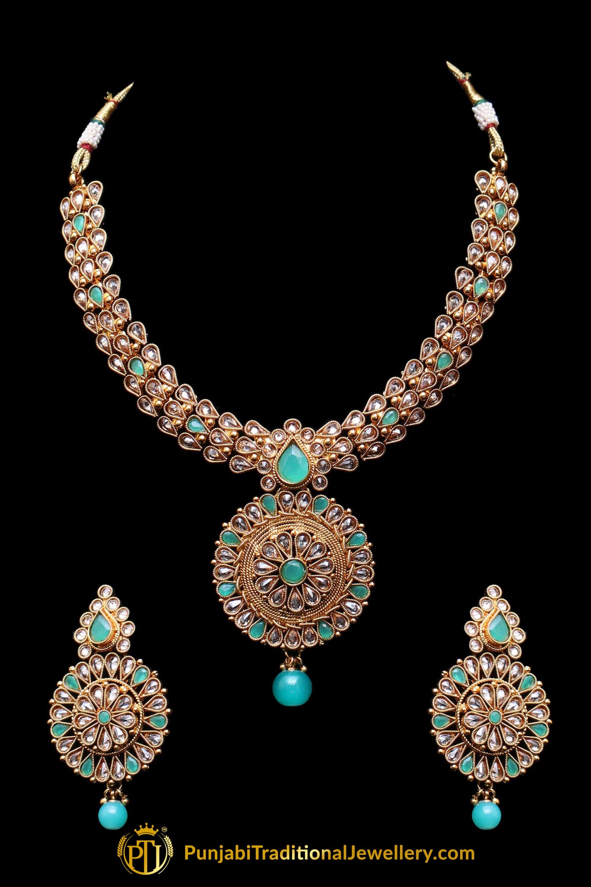 Firozi Polki Necklace Set By Punjabi Traditional Jewellery