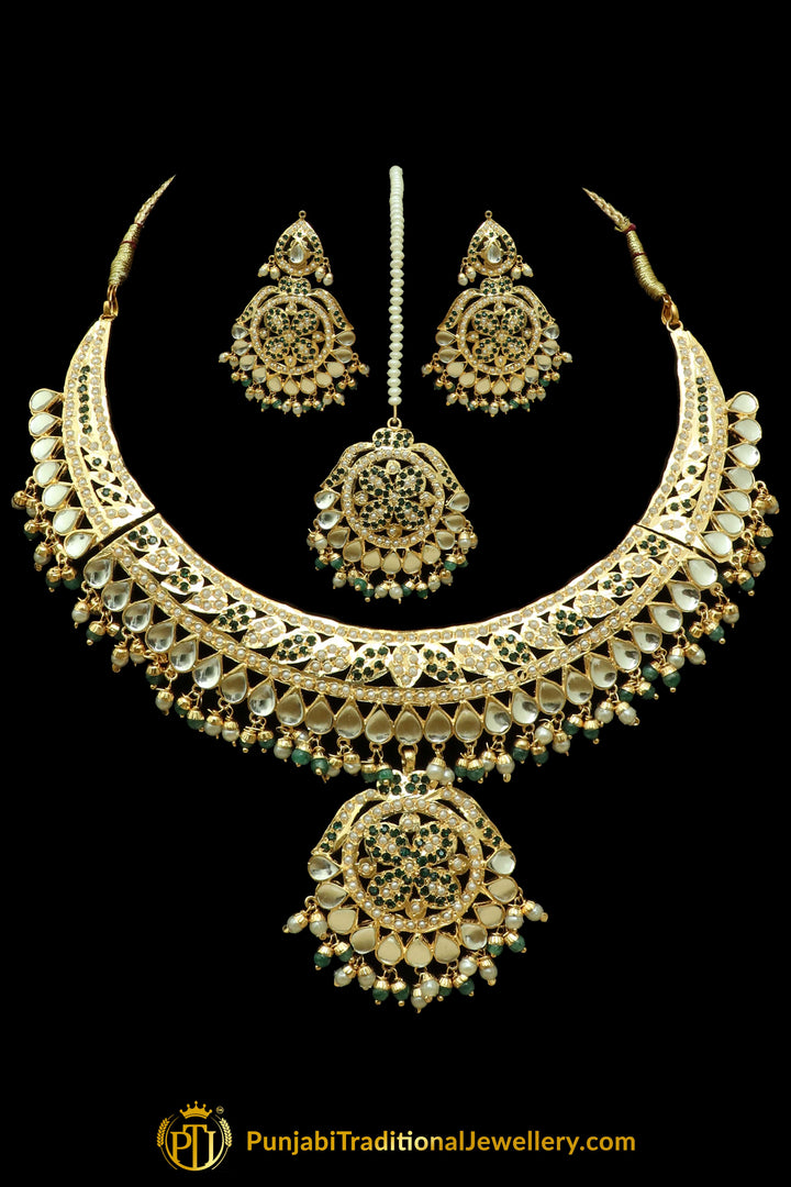 Green Jadau Necklace Set By Punjabi Traditional Jewellery