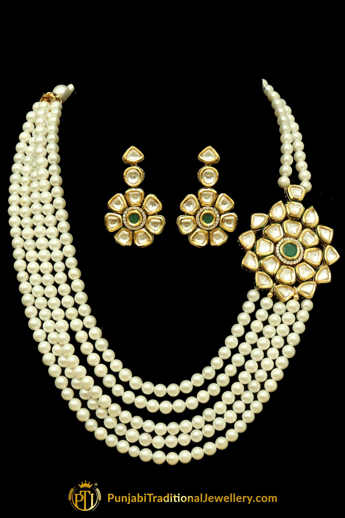 Green Kundan & Pearl Mala Necklace Set By Punjabi Traditional Jewellery