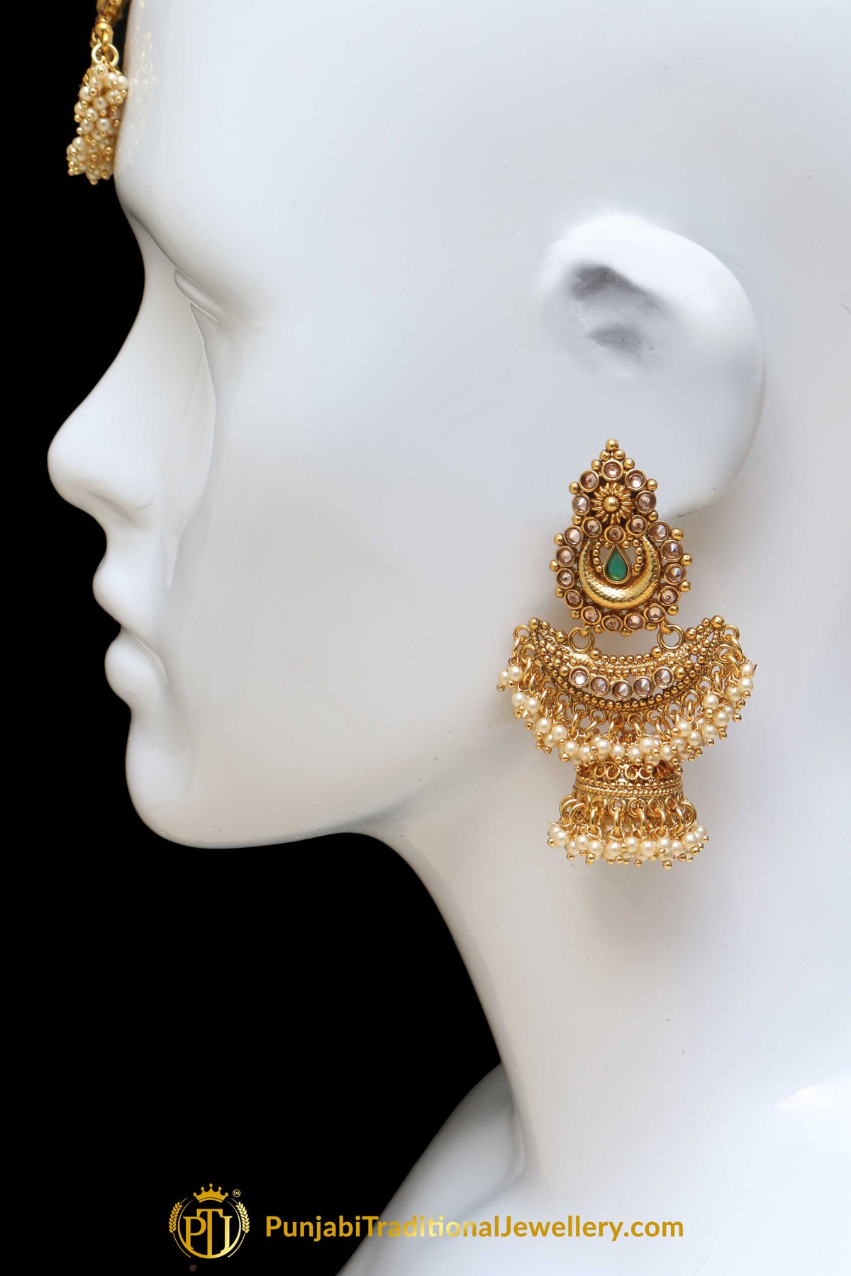 Champagne Stone Pearl Earring Tikka Set By Punjabi Traditional Jewellery