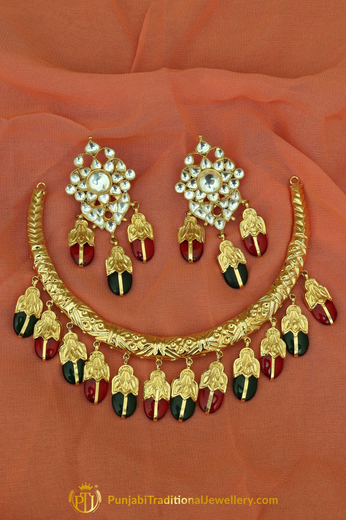 Hareem Gold Finished Rubby Panna Hasli Necklace & Kundan Earrings | Punjabi Traditional Jewellery Exclusive