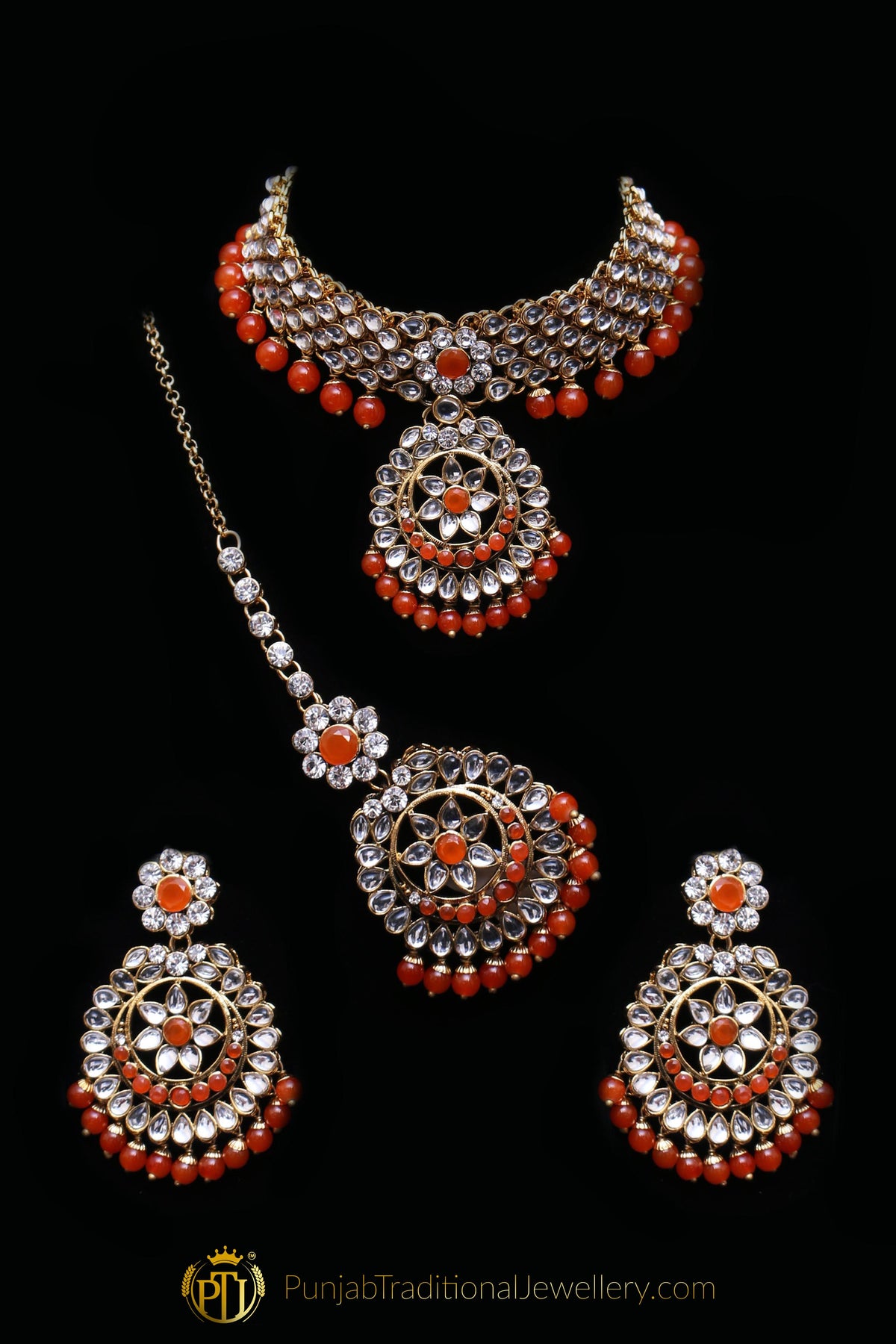 Orange Kundan Necklace Set By Punjabi Traditional Jewellery