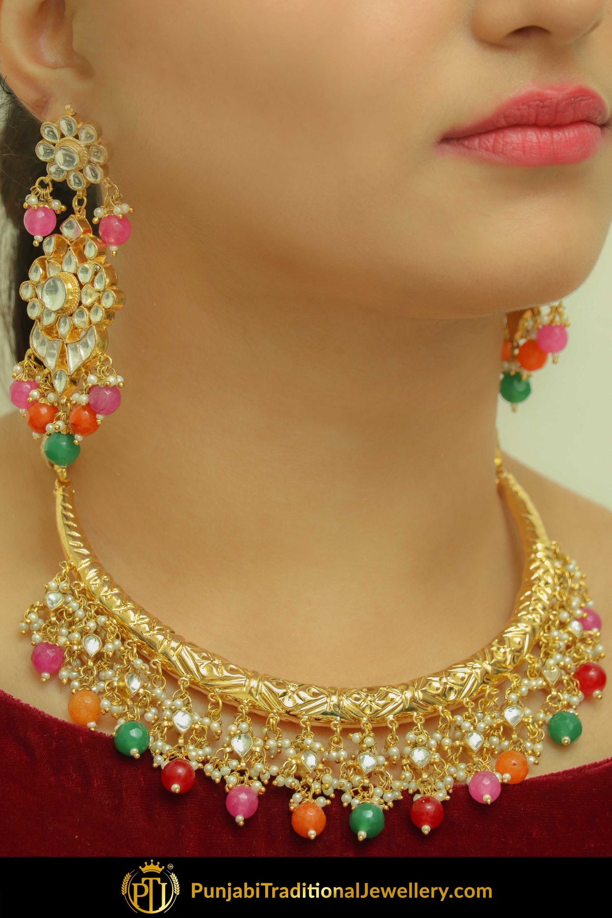 Hayrah Gold Finished Navratan Hasli Necklace & Earrings | Punjabi Traditional Jewellery Exclusive