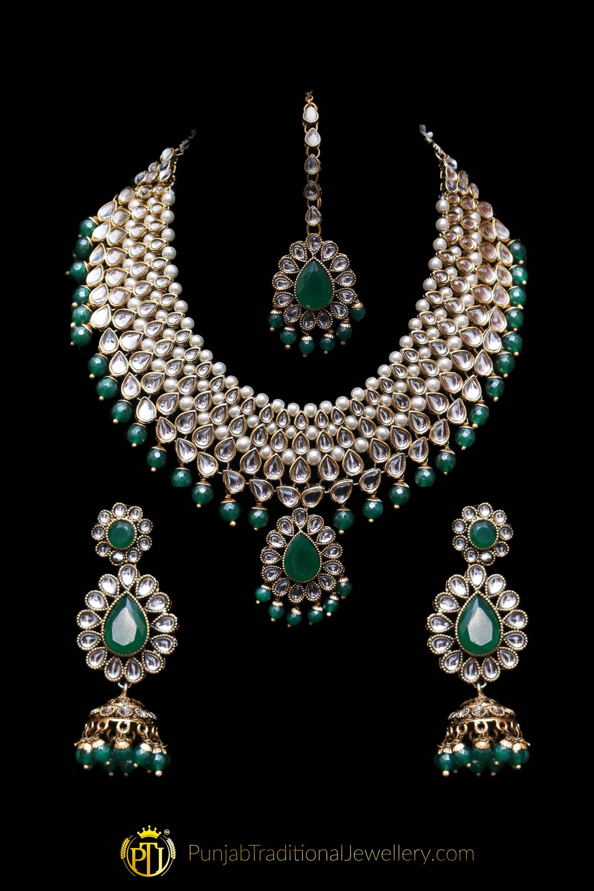 White Green Pearl Kundan Necklace Set By  Punjabi Traditional Jewellery