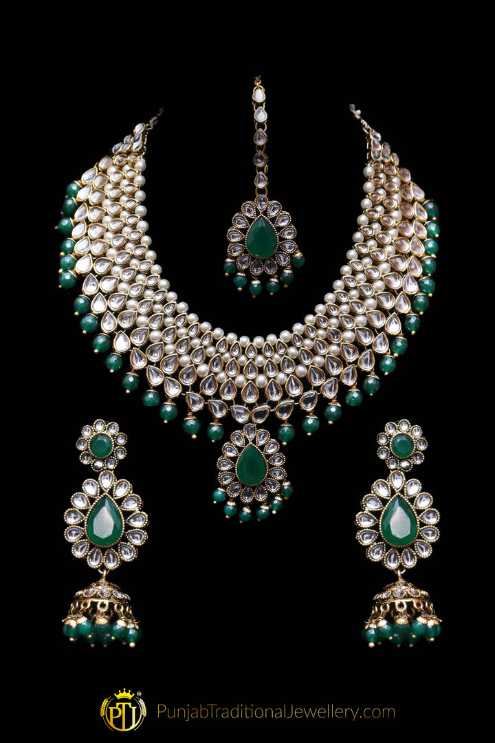 White Green Pearl Kundan Necklace Set By  Punjabi Traditional Jewellery