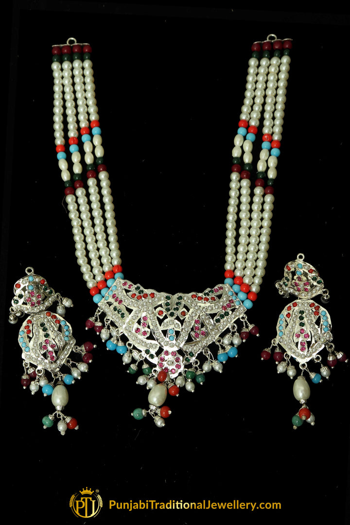 Silver Finished Navratan Pearl Jadau Necklace Set By Punjabi Traditional Jewellery