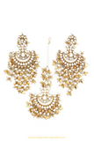 Gold Finished Pippal Patti Kundan Earring Tikka Set By PTJ