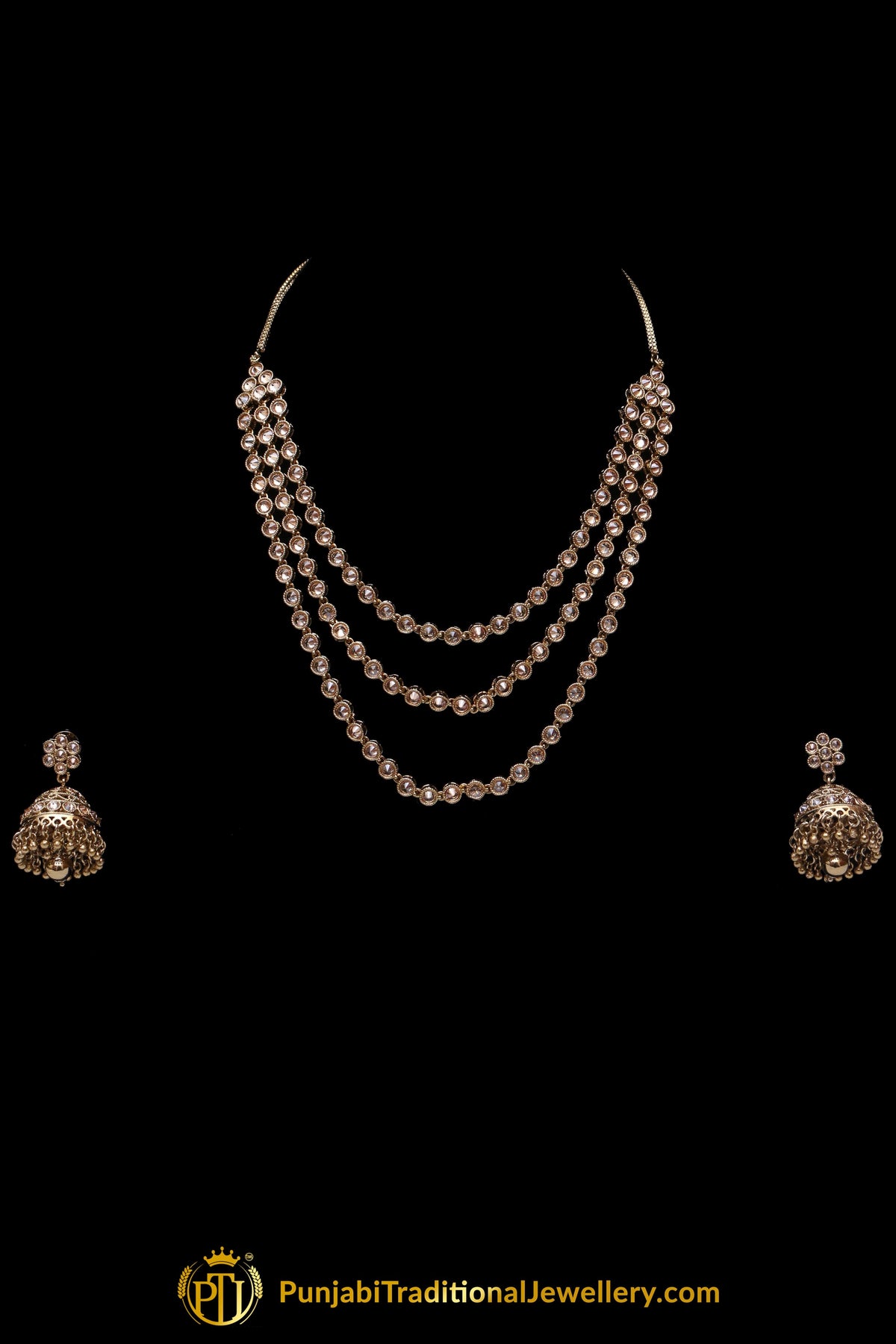 Golden Champagne Stone Necklace Set By Punjabi Traditional Jewellery