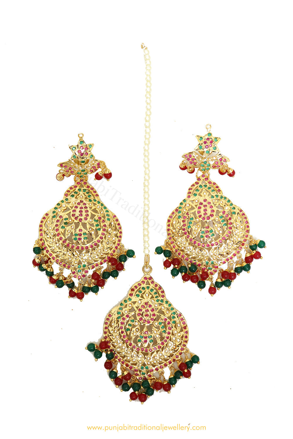 Gold Finished Rubby Emerald Jadau Earring Tikka Set By PTJ