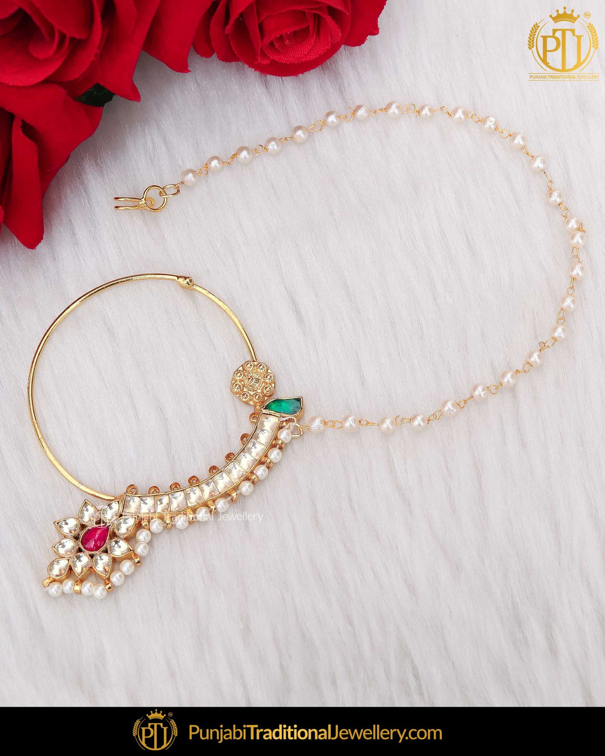 Gold Finished Rubby Emeald Kundan Pearl Nath | Punjabi Traditional Jewellery Exclusive