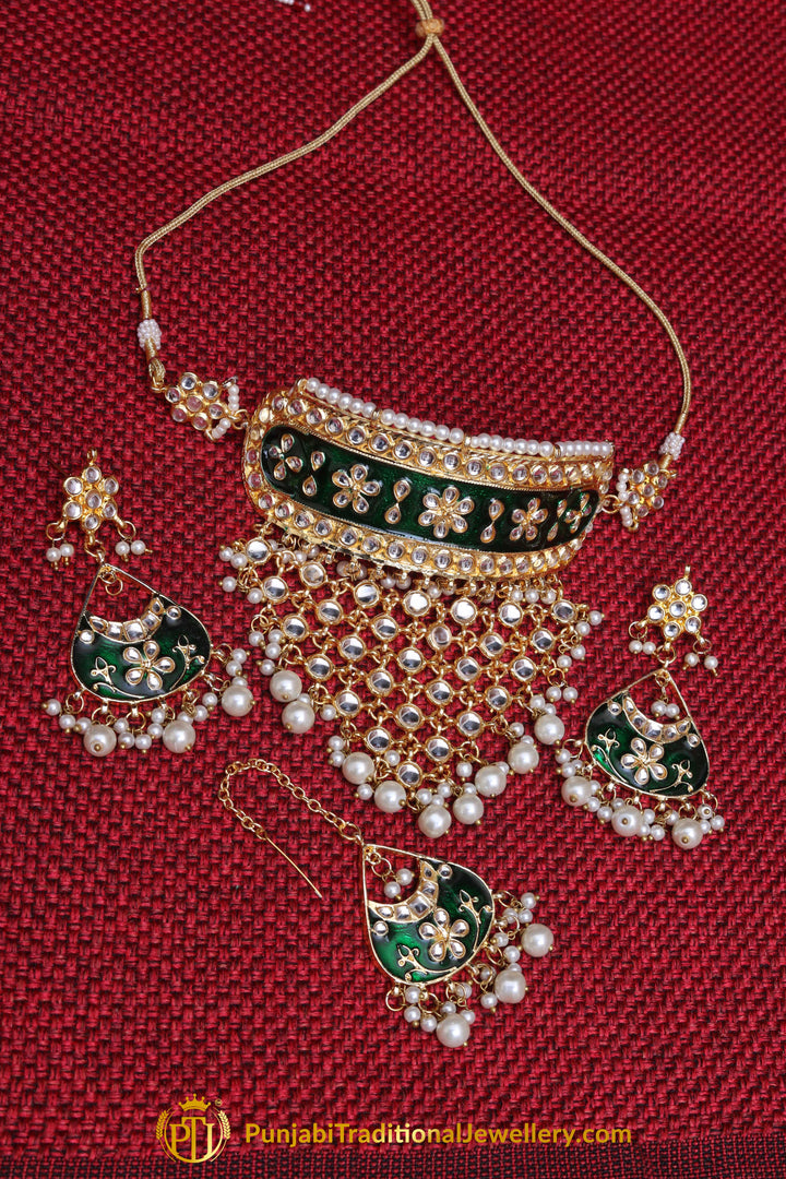 Arman Green Choker Pearl Kundan Meena Necklace Set By Punjabi Traditional Jewellery