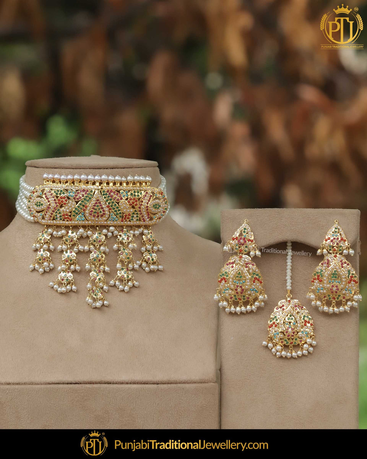 Gold Finished Navratan Pearl Choker Necklace Set | Punjabi Traditional Jewellery Exclusive