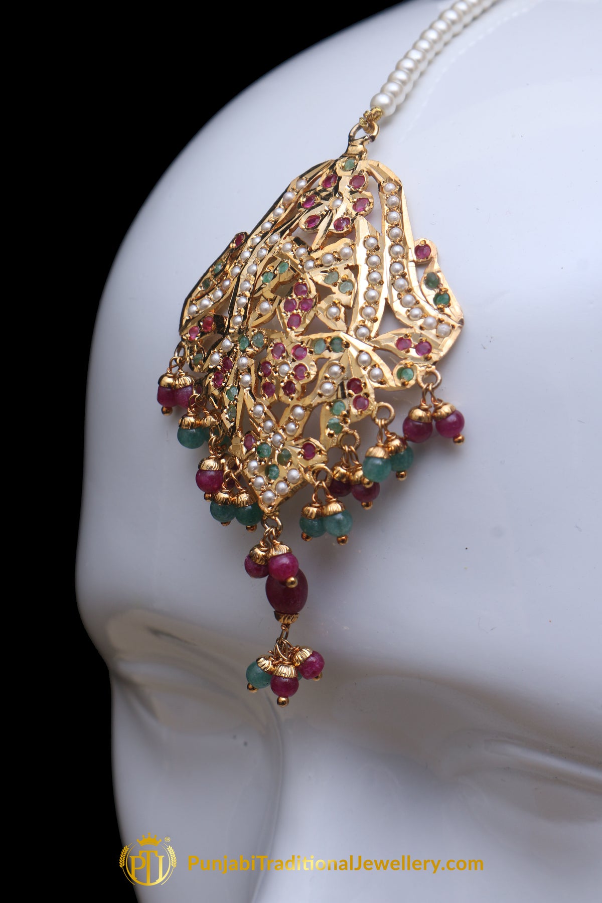Multi Jadau Pearl Earring Tikka Set By Punjabi Traditional Jewellery