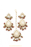 Gold Finished Rubby & Mint Kundan Earring Tikka Set By PTJ