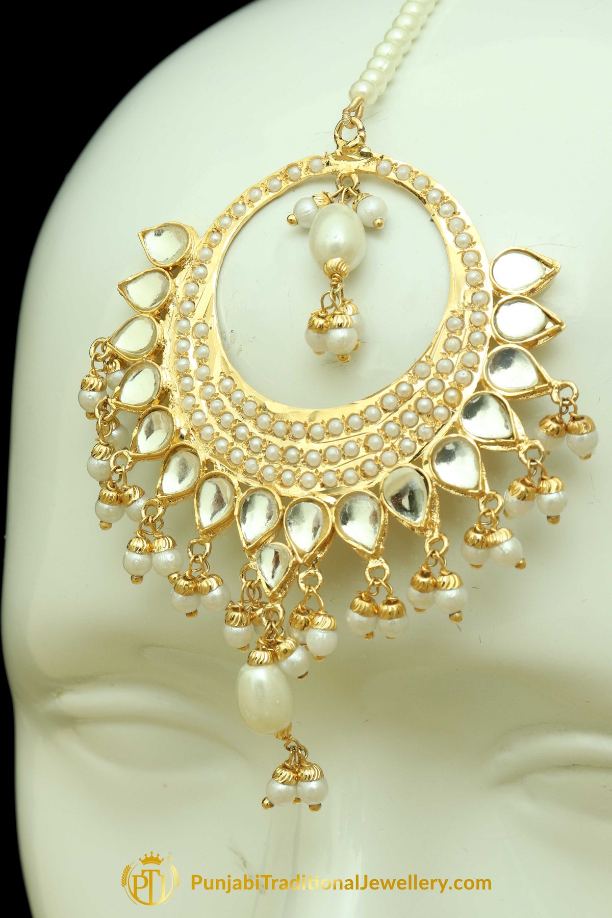 Golden Jadau Pearl Earring Tikka Set By Punjabi Traditional Jewellery