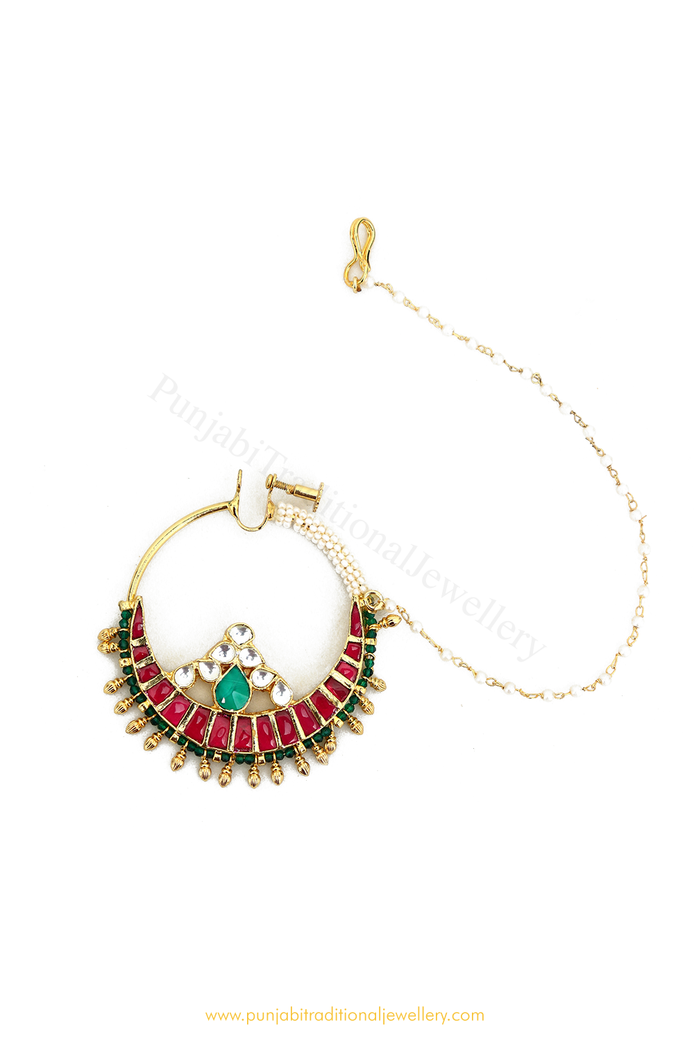 Gold Finished Rubby Emerald Kundan Nath By PTJ